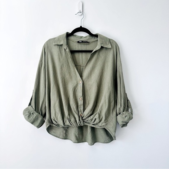Zara Tops - Zara Sage Green Linen Cuffed Sleeve Blouse